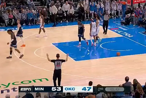 半场：雷霆以47-53落后森林狼，兰德尔12中6砍下17分6篮板